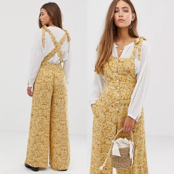 Free People Yellow Sugar Sands Jumpsuit Wide Leg Floral Print Smocked Size XS‎ - Picture 5 of 16